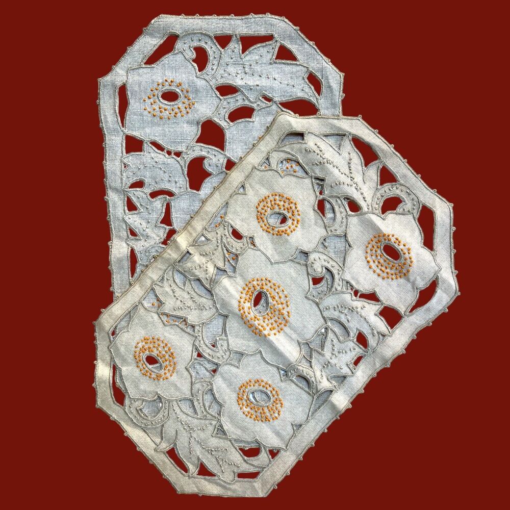 Mid Century Hand Cut Embroidered Tan Floral Dresser Vanity Runner Scarves Set 2